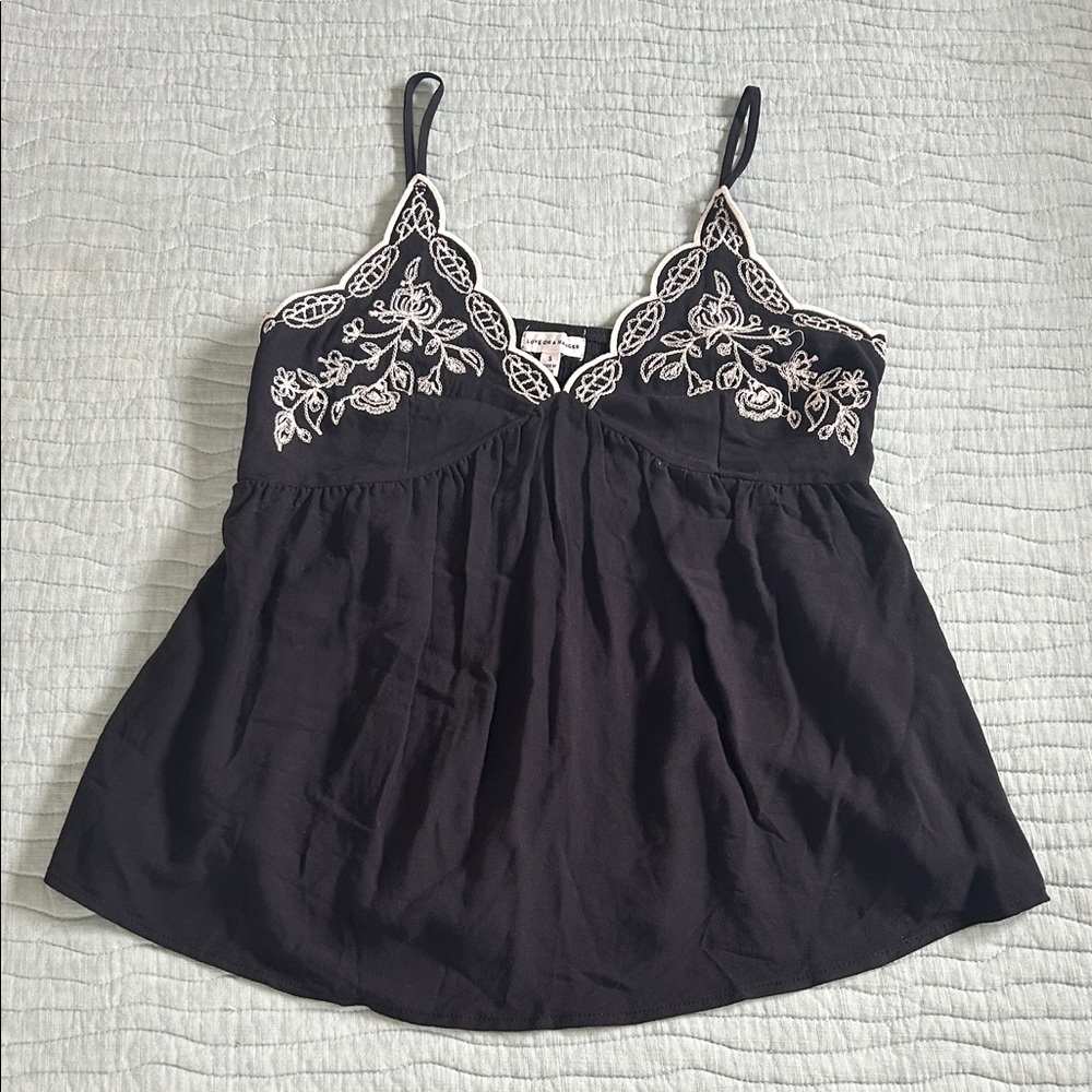 Black Cami Top with White Floral Embroidery